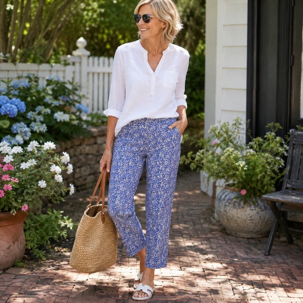 Appleseed's Women Blue White Floral Damask Cropped Straight Leg Pants Size 10